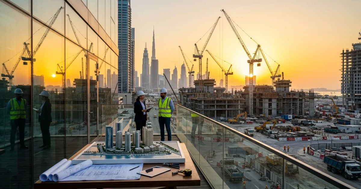Sunlight reflects off the glass facades of modern skyscrapers lining the dense urban skyline of Dubai at sunset.