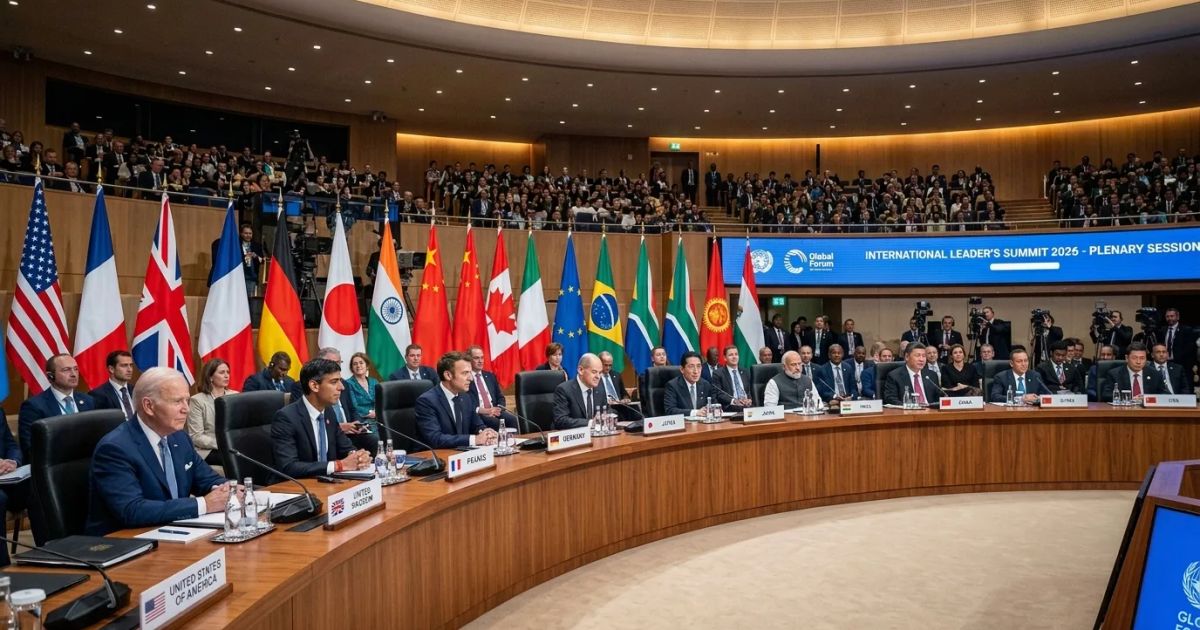 World leaders stand in a row for a group portrait before a backdrop of international flags at the summit.